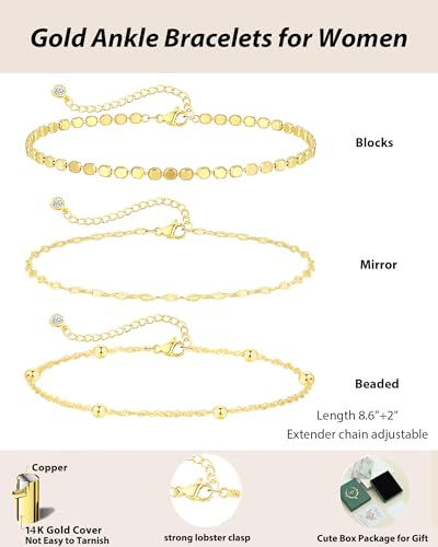 Image of ZHESHY Gold Silver Ankle Bracelets for Women 14K Gold Plated Anklets for Women Waterproof Cuban Link Heart Chain Anklets Set Non Tarnish Dainty Layered Anklet Bracelets for Women Summer Beach Jewelry