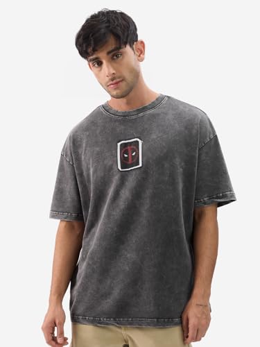 Image of The Souled Store Official Deadpool: No More Calm Men and Boys Short Sleeve Round Neck Grey Cotton Oversize Fit T-Shirt