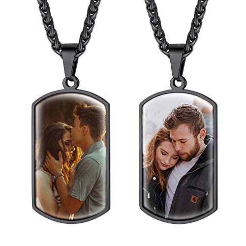 Customized Black Both Side Dog Tag Photo Necklace for Men Personalized Picture Pendant Custom Full Color Image Memorial Keepsake Jewelry Loss of Father PAPA Gift for Family Dad Couple with Spiga Chain
