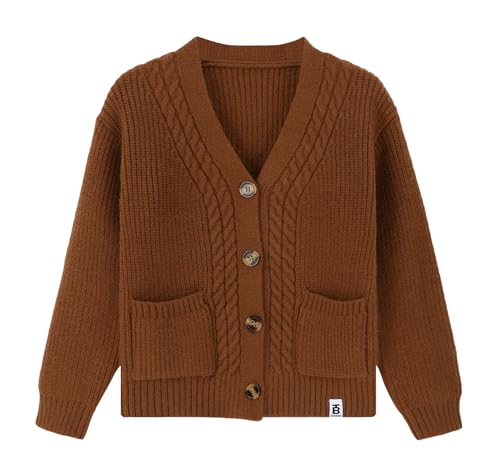 Happy Cherry Boy's Sweater Cardigan - Simple Solid Color Long Sleeve with Pockets Kid Knit Brown Coats for Autumn and Winter 150cm 8-9 Years