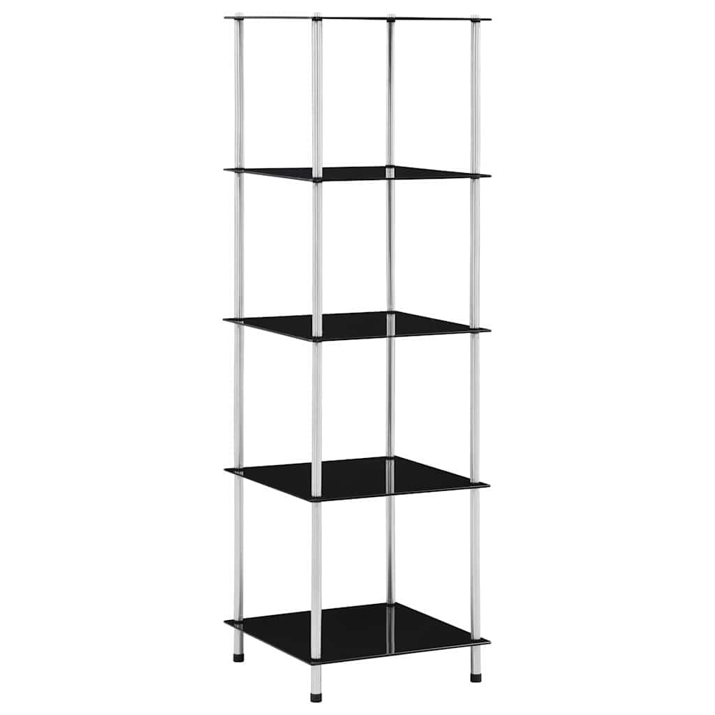 Regal mit 5 Ablagen Schwarz aus Hartglas und Edelstahl 40x40x130 cm, Standregal als Raumteiler und Aufbewahrung für Wohnzimmer, Büro, Kinderzimmer, platzsparendes Wandregal mit Ablagefach