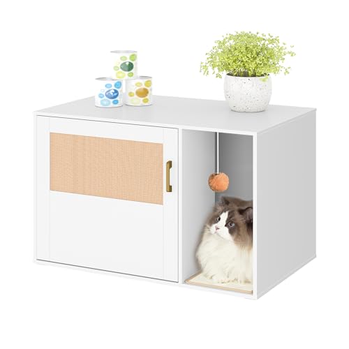 Hzuaneri Katzenschrank mit Rattan Tür, Versteckte Katzentoilette, Boho Stil Holz Haustier Haus Katzenstreu, Speicher Schrank Sitzbank, 50 x 80 x 50...