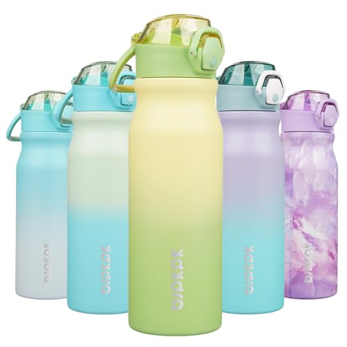 Image of BJPKPK 25 oz Insulated Water Bottle, Straw, Handle, Stainless Steel Flask | Leak Proof Locking Lid, Thermal, Double Wall Vacuum, Keeps Hot /Cold, BPA Free, Dishwasher Safe, Travel & Sports, Lime