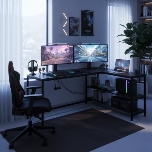 Image of Amazon Brand - Solimo L-Shaped Study Table for Students & Adults | Corner Computer Desk for Home & Office | Gaming Table | Wood & Metal | Classic Full Black | DIY Installation