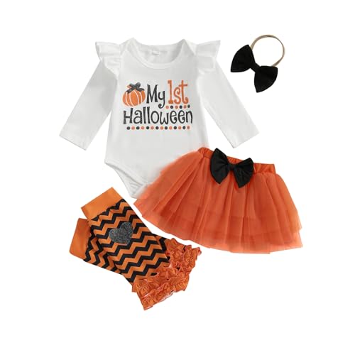 Ynibbim My 1st Halloween Baby Girl Outfit Long Sleeve Bodysuits Romper Infant Tutu Skirt Headband Leg Warmers Fall Clothe Set