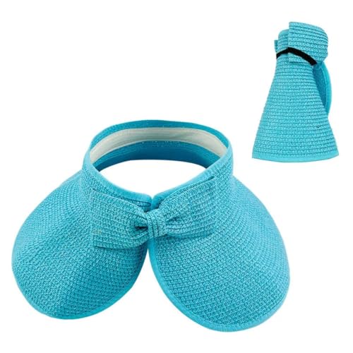 Chapeau de paille pliable d'été anti-UV avec nœud pour femme couleur bleu