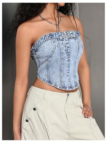 MakeMeChic Women's Denim Tube Crop Tops Strapless Backless Y2k Jean Jacket4