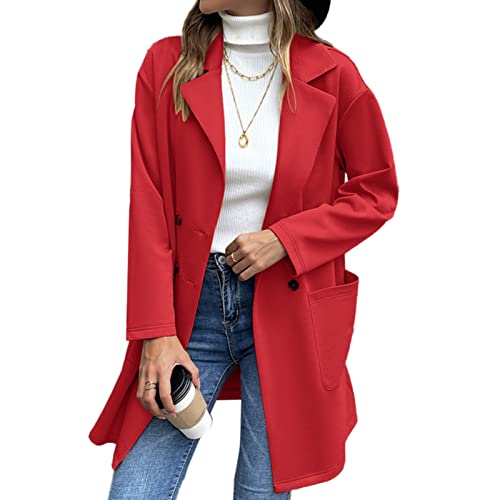 Blazer de Solapa Larga para Mujer, Chaqueta de Punto con Bolsillos Laterales de Manga Larga Y Doble Botonadura para Uso Diario(M-Rojo) Cover