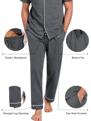 Image of COLORFULLEAF 100% Cotton Mens Pajamas Set Short Sleeve Loungewear with Long Pants Button Down Sleepwear Soft Comfy Pj for Men