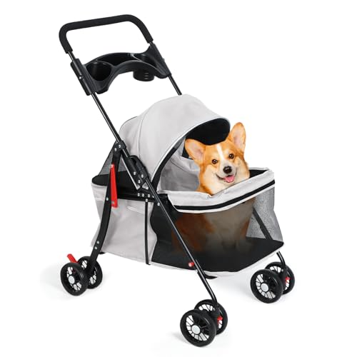 Tifemap Passeggino per Cani 10 Kg, Passeggino per Gatti Con Doppio Freno, Carrello per Cani Con Schermo Parasole Regolabile, Portabicchieri, Carrello Cane per Cani E Gatti Di Piccola Taglia (Grigio)