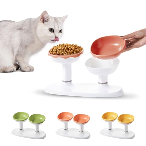 猫 犬用 食器 ペット食器台 猫 犬用 フードボウル 水ボウル 高さ調整可能な10°傾斜キャットスタンド付きの昇降式猫用食器、室内猫用ダブル猫食事と水飲みボウルセット滑り止めフット付き (ピンク)