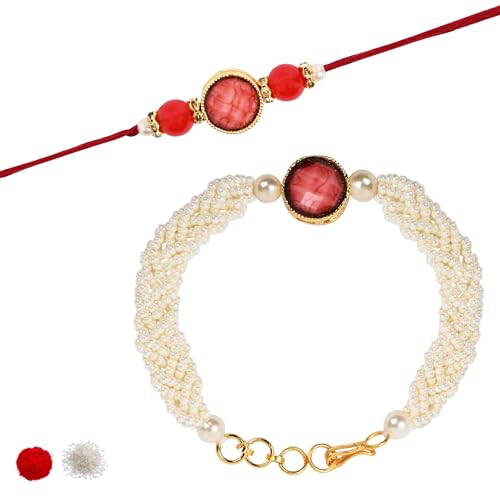 Image of I Jewels Designer Kundan Pearl beaded Bhaiya Bhabhi Lumba Rakhi Bracelet Combo Set With Roli Chawal & Rakshabandhan Greeting Card