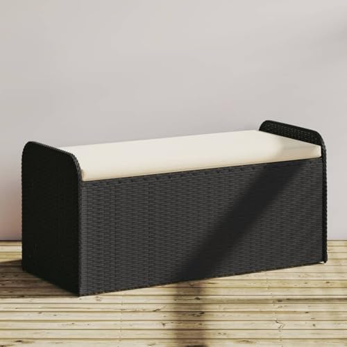 Tidyard Banco almacenaje,Banco almacenaje Exterior,Arcón Exterior, Baúl almacenaje,Banco para Exterior,Banco con almacenaje y cojín ratán sintético Negro 115x51x52 cm