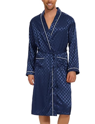 Bresdk Bata Hombre Seda kimono Batas de Casa Manga Larga Ligero Albornoz de Seda Súper Suave Clásica Camisón Pijama para Hombre, Azul Oscuro-Cuadros, XL