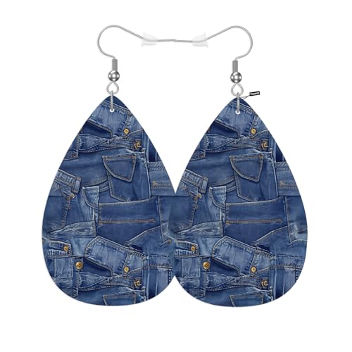 Vosach Denim Leather Teardrop Earrings Vintage Denim Stitching Fold Art Faux Leather Water Drop Earrings Jewelry For Women Friends Wedding