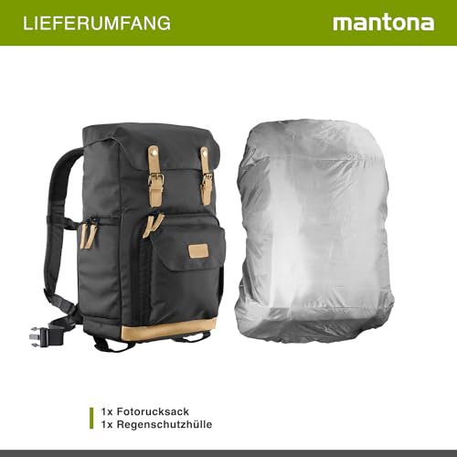 Mantona Luis Retro Fotorucksack schwarz mit Leder, Kamerarucksack inkl. Regenschutzhülle, Fototasche mit Laptopfach, Backpack geeignet für 1 x DSLR-Kamera, 3 x Objektive und diverses Fotozubehör