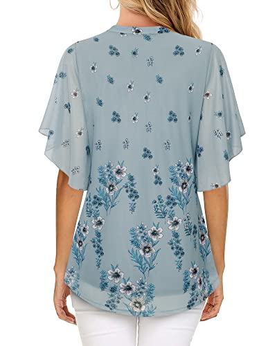 Image of Timeson Women's Short Sleeve V Neck Blouses Shirts Floral Double Layers Mesh Tunics Tops
