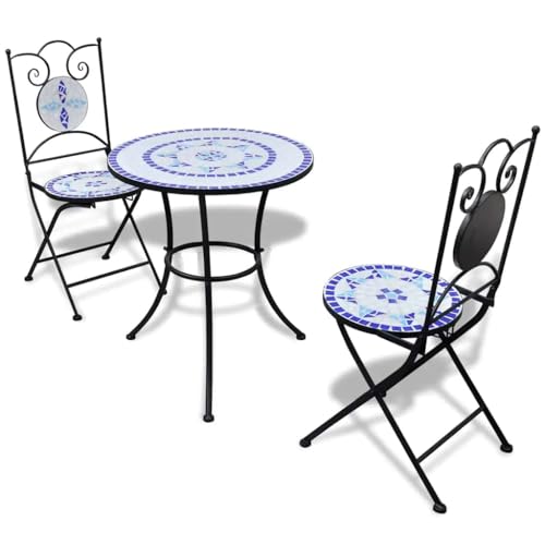 vidaXL Mosaik-Bistrotisch 60 cm mit 2 Stühlen blau/weiß (41530+41531)
