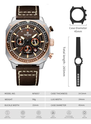 Image of NAVIFORCE NF8057 Square Vintage Military Chronograph Genuine Leather Analog Watch