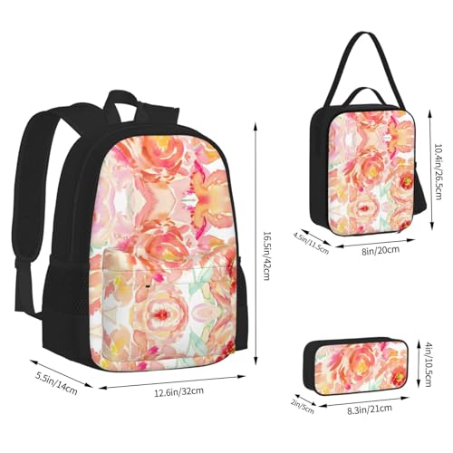 Peach Peony Print 3 Piece Set Backpack, Lunch Bag, Pencil Case, Cute Sturdy For College And Travel4