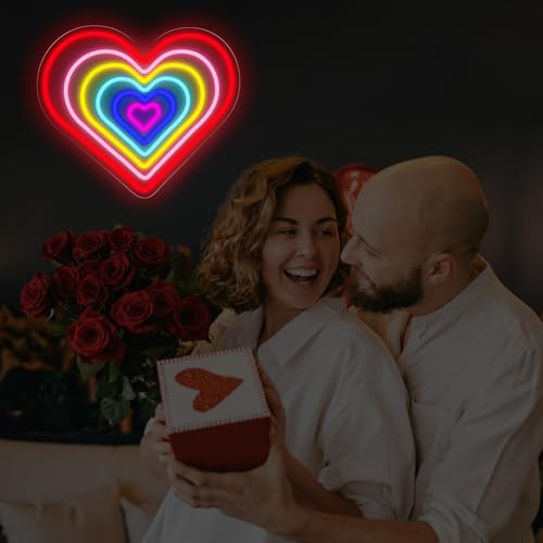 Image of Rainbow Heart Neon Sign Romantic Love LED Light Gift Anniversary for Lover Valentines Gift Idea Home Wall Art Room Decoration, 15.7 inchx13.4 inch