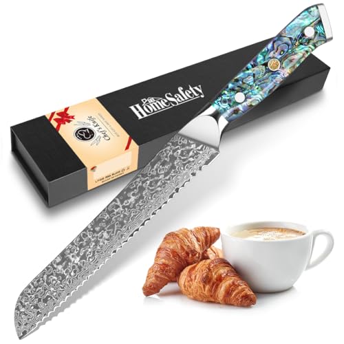 Home Safety Damascus Bread Knife, Serrated Knife 20cm Made of VG-10 Damascus Steel, Professional Kitchen Knifes with Ergonomic Abalone Shell Handle, for Home Restaurant, Gift Box