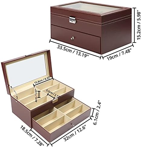 Kurtzy Faux Leather 12 Slots Lockable Sunglasses Display Organiser Box - 2 Tiers and 12 Compartments for 12 Glasses with Lock and Key for Sunglasses, Eyeglasses and Spectacles - Brown Sunglasses Case