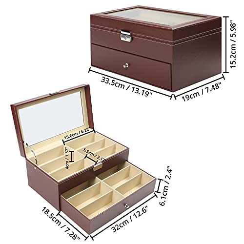 Kurtzy Organizador Gafas de Sol de Cuero Sintético Marrón - Estuche Gafas 12 Compartimentos – 2 Niveles con Cierre para Guardar/Mostrar sus Gafas - Caja para Gafas, Relojes, Joyas – Hombre y Mujer - imagen 2