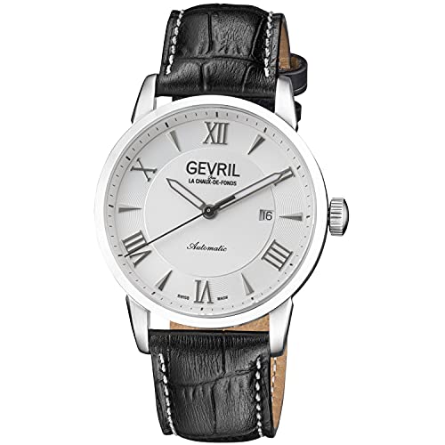 Gevril Men's Stainless Steel Swiss Automatic 3 Hands Watch with Leather Strap, 20 (Model: 46300), Silver