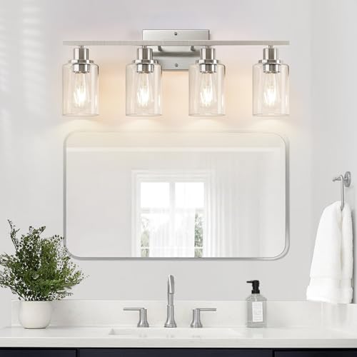 Image of Indoi 4-Light Bathroom Light Fixtures, Brushed Nickel Modern Vanity Lights with Clear Glass Shades, Bathroom Wall Lamp for Mirror Living Room Cabinet Bedroom Porch