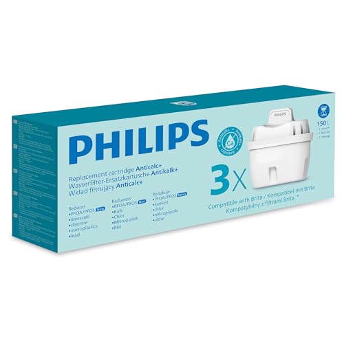Philips Water Wasserfilter-Kartusche Antikalk+, 3er-Pack, BIS ZU 50 % WASSERHÄRTE REDUZIERUNG, reduziert Chlor, Mikroplastik und andere Verunreinigungen, Kompatibel mit brita*
