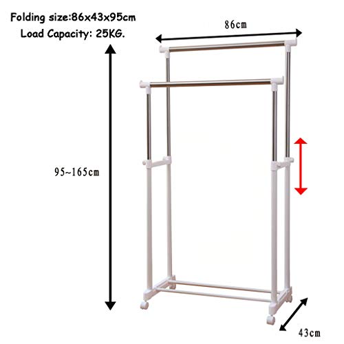 Double Clothes Airer Laundry Drying Rack Washing Line Expandable Drying Space Hanger Dry for Indoor or Outdoor Black Height Adjustable 95~165cm with Wheels in White - Image 2