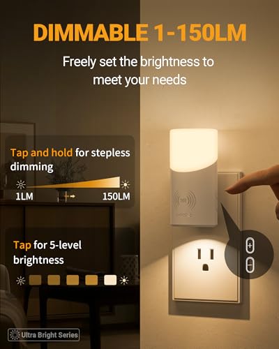 Image of Lyridz LED Plug-in Night Light with 360 Motion Sensor, 1-150 Lumens Dimmable Nightlights Indoor for Bathroom, Bedroom, Hallway, Stairs, Pet House, 2 Pack