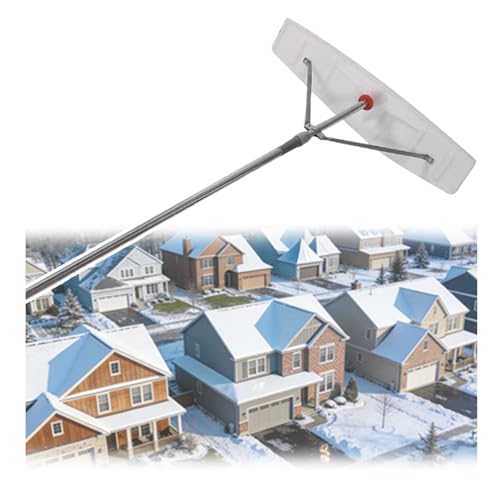 Rastrello telescopico da neve con pala, palo in alluminio regolabile da 2 a 6 m, supporto triangolare rinforzato, per rimozione neve, foglie e auto (2-4 m, rastrello curvo)