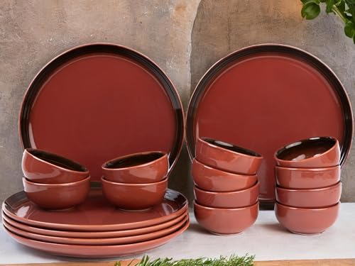 Image of Bodhi House Handcrafted Chip Resistant Porcelain Dinner Set, 18 Pieces Dish Set Serving for 6, Microwave and Dishwasher Safe, Bone-ash Free, Crockery Set for Dining and Gifting, Deep Red