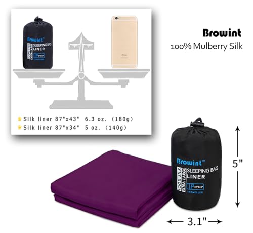 Image of Browint Silk Sleeping Bag Liner, 100% Mulberry Silk Sleep Sheet, Sack, Extra Wide 87 inchx43 inch & 87 inchx34 inch, Lightweight Travel Sheet for Hotel, Envelop Rectangular 73 inchx34 inch, Hooded Mummy 87 inchx34 inch