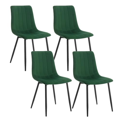 Klihome Lot de 4 Chaises de Salle à Manger, Chaise Rembourrée avec Dossier, 4 Pieds en Métal, sans Accoudoir, pour Salon, Chambre, en Velours, Vert foncé.