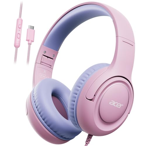 Acer HK03C USB-C Wired Kids Headphones — Purple Pink, 85 dB Volume-Limited, Foldable