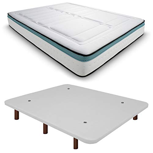 Duérmete Online Base Tapizada 3D Reforzada Anti Ruido + Colchón Viscoelástico Bio MAX | Patas de Madera Color Wengue, Blanco, 90x190