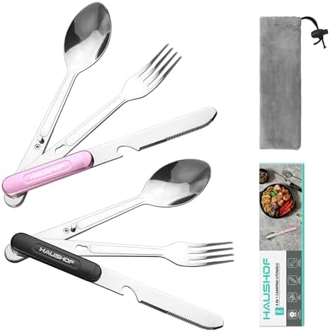 HAUSHOF 2-Pack 4-in-1 Camping Utensils, Stainless Steel Camping Eating Utensils with Carrying Bag, Detachable Spoon, Fork, Knife, Bottle Opener - Travel Utensil Set for Hiking, Picnic, Barbecue