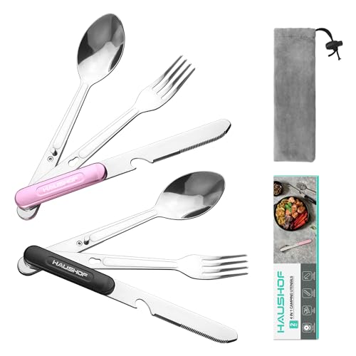 HAUSHOF-4-in-1-Camping-Utensils-2-Pack-Detachable-Stainless-Steel-Spoon-Fork-Knife-Bottle-Opener-Backpacking-Cutlery-for-Traveling-Hiking-Picnic-Barbecue-Outdoor-Flatware-with-Carrying-Bag