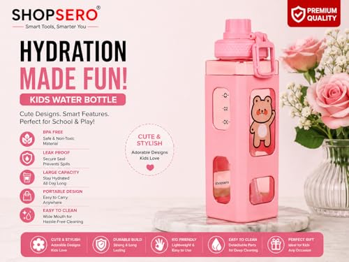 Image of Kawaii Bear Water Bottle with Straw & Stickers - 700ml Cute Square Plastic Drinking Bottle for Girls | Portable Juice /Tea /Sports Bottle | Leak-Proof Pink Bottle (Pack of 1)