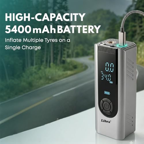 Image of Libra Cordless Tyre Inflator for Car & Bike | 150 PSI, 5400mAh Battery | Smart Auto Cut-Off, Preset Modes, LED Torch | Air Pump for Cars, Bikes, Cycles & Balls