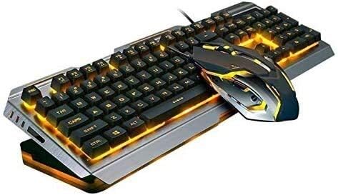 HMTE Teclado de ratón Teclado de luz Amarilla Teclado USB con Cable Ergonómico Retroiluminado Teclado mecánico para Juegos Oficina competitiva con ratón Aleación de tungsteno