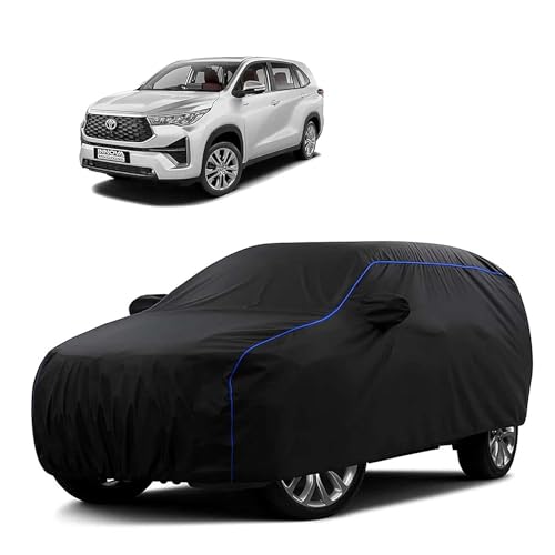 Image of Sulfar 100% Water Resistant Car Body Cover Compatible with Mirror for Toyota Innova Hycross (Triple Stitched, Full Bottom Elastic, Black Tafetta with Blue Piping)
