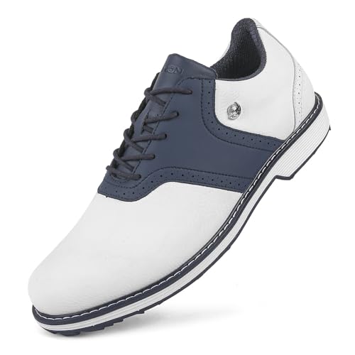 THESTRON Men Golf Shoes Waterproof Professional Golf Footwears Spikes Spikeless Golf Walking Sneakers Turf Sports Golf Training Sneakers for Men (14,White Blue-K05)