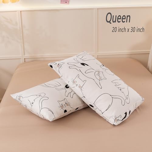 Image of ECOCOTT 2 Pack Pillowcase Queen Size, Cartoon Cats Pattern Pillow Cases Set, 100% Cotton Pillow Covers with Envelope Closure (Queen, 20 inchx30 inch)