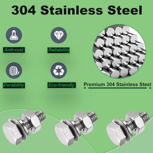 Image of M8 x 20mm Hex Head Screws Bolts, Nuts, Flat & Lock Washers Kits | 12 Sets Stainless Steel 304 M8-1.25 Hex Bolt Fully Threaded Hex Tap Metric Hexagon Head Screw Right Hand External Hex Drive