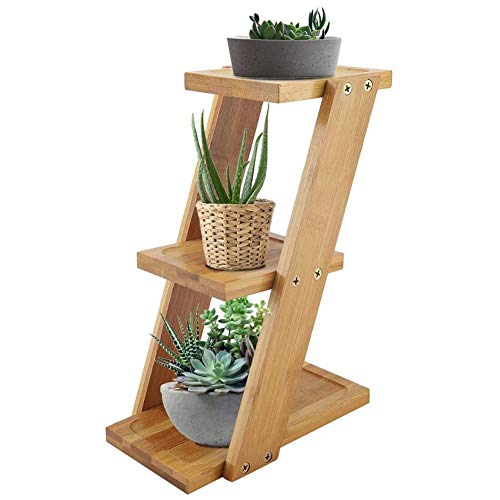 Wakects Supporto per Piante a 3 Livelli in Bambù, Scaffale a Scala Portafiori da Interno, Mini Supporto in Legno per Vaso