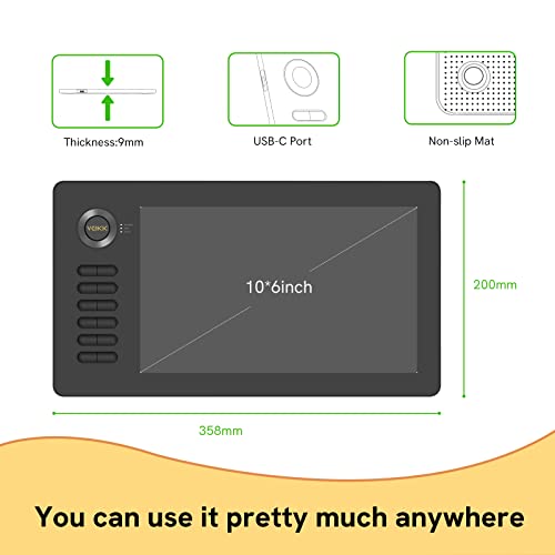 Drawing Tablet, 10X6 Inch Veikk A15 Graphic Tablet,8192 Levels Pressure Battery-Free Pen With Tilt Function, 12 Shortcut Keys,For Drawing,Designing,Teaching Online Classes And Remote Working-Gray #TOP3